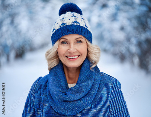 Portrait of happy confident woman outdoors during cold winter day in forest