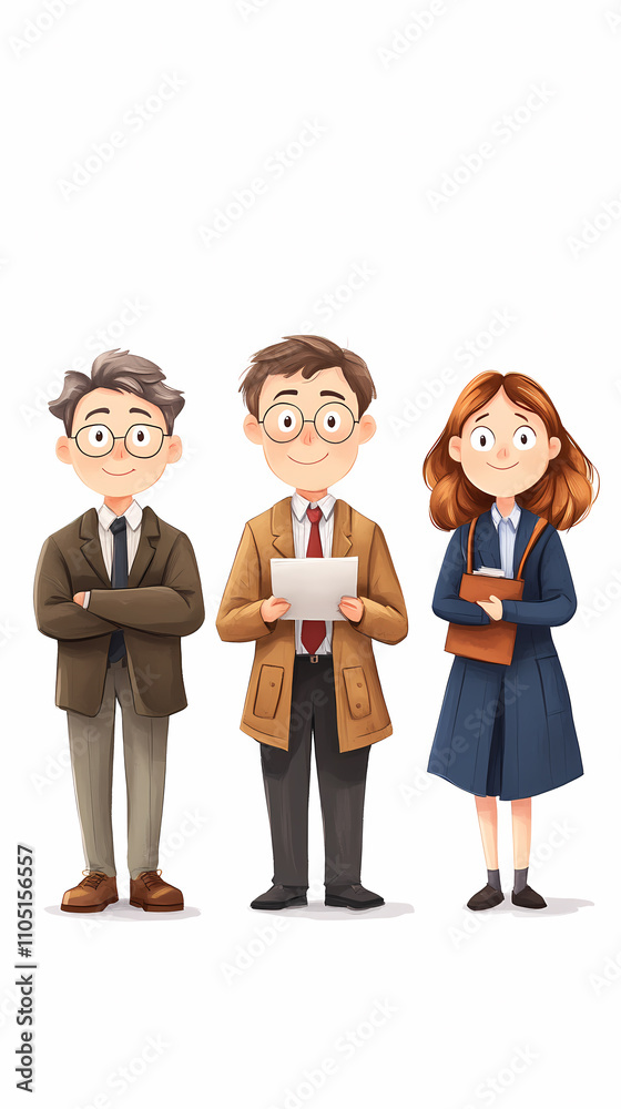 Three animated professionals showcase unique styles capturing a blend of creativity and profession in a vibrant illustration. On white background Three animated professionals showcase unique styles capturing a blend of creativity and profession in a vibrant illustration. On white background