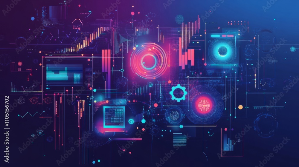 Abstract vector illustration of a digital transformation in business, with data flow, gears, and computer icons, smooth gradients and modern colors Abstract vector illustration of a digital transformation in business, with data flow, gears, and computer icons, smooth gradients and modern colors