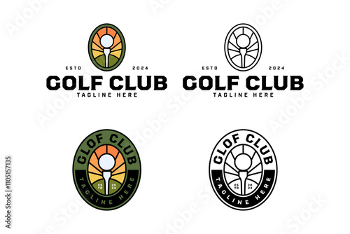 golf course, ball, tee with sunburst line art illustration logo design. golf field, ball, pin with sunset, sunrise badge logo design set for golfer, golf sport, golf tournament and golf club