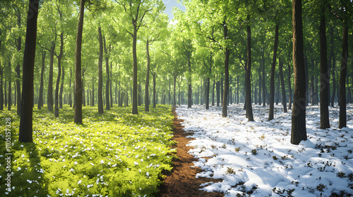 Sunlit Forest Path Divides Spring And Winter Scenes