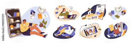 Online library and distance education concept set. People reading ebooks by phone app. Happy readers learning literature, study digital books by laptop. Flat isolated vector illustrations on white