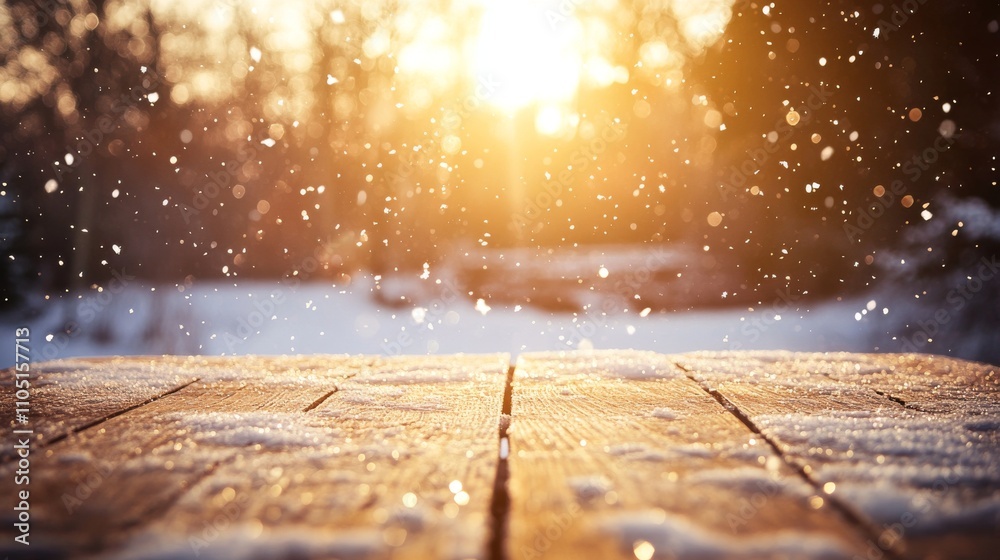 85.A wooden table surface in focus with a blurred background of winter snow falling gently, bathed in golden sunlight. The combination of the warm, rich wood tones and the cold winter setting creates 85.A wooden table surface in focus with a blurred background of winter snow falling gently, bathed in golden sunlight. The combination of the warm, rich wood tones and the cold winter setting creates