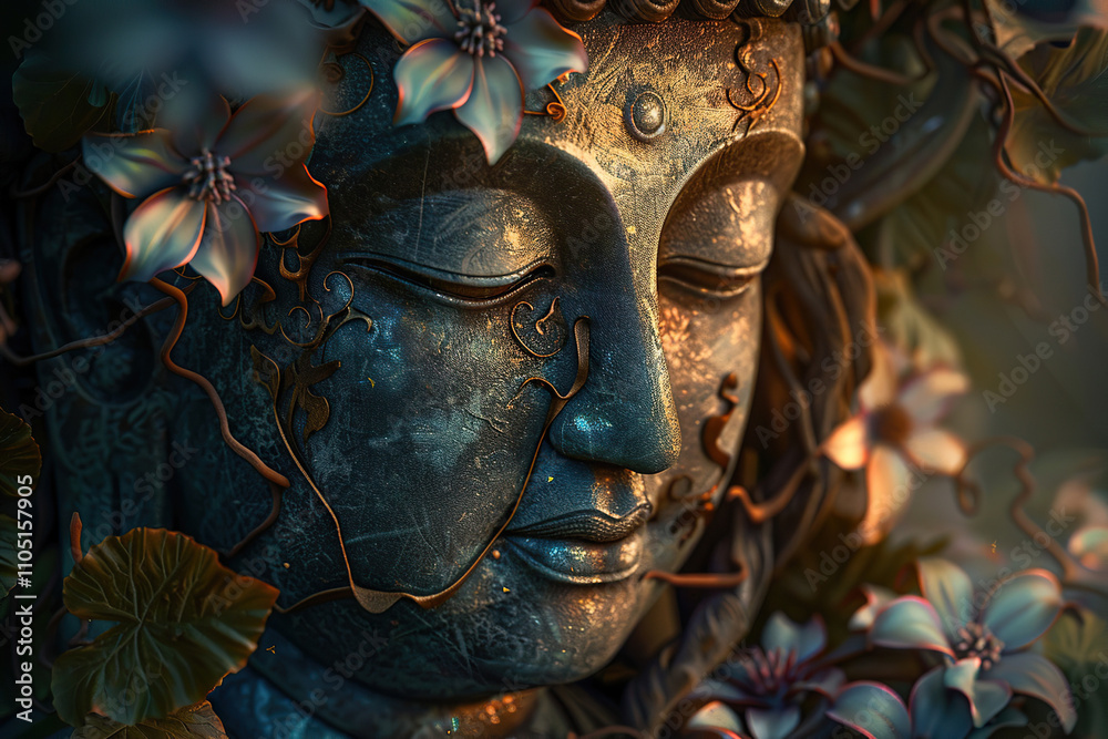 Beautiful greeting card with ancient statue great Buddha to bright holiday composition Beautiful greeting card with ancient statue great Buddha to bright holiday composition