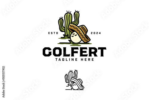 golf ball with mexican hat, desert cactus illustration logo design. golf ball wear cowboy hat with cactus, desert background logo design set for golfer, golf sport, golf tournament and golf club