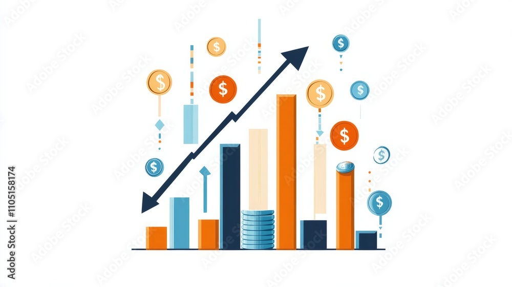 Minimalist vector illustration of a business growth chart with arrows pointing upwards, icons of coins and dollar signs, clean and modern style Minimalist vector illustration of a business growth chart with arrows pointing upwards, icons of coins and dollar signs, clean and modern style