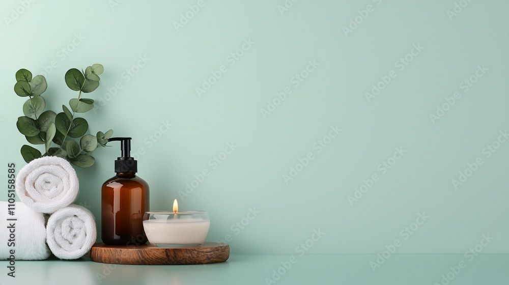 Spa products on mint green surface. Rolled towels, lotion, candle, eucalyptus leaves. Spa products on mint green surface. Rolled towels, lotion, candle, eucalyptus leaves.