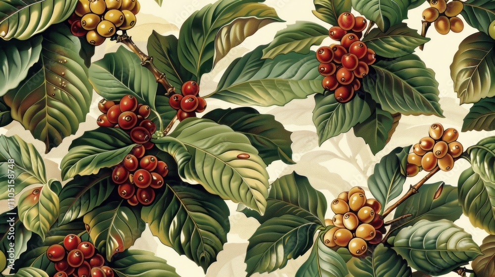 Obraz premium Lush coffee plant branches with ripe red and yellow berries and vibrant green leaves, seamless pattern.