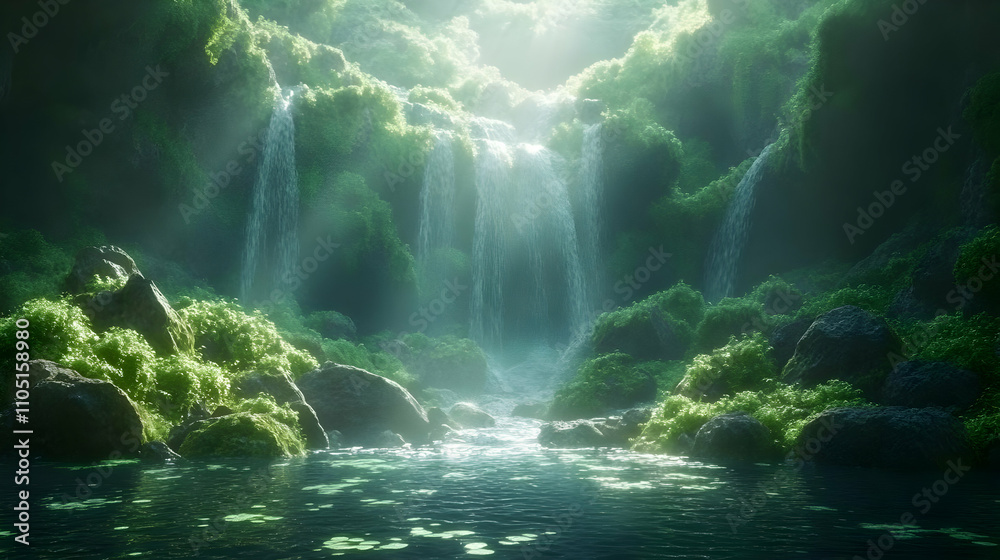 Lush Waterfall 3D Render: Tranquil Oasis