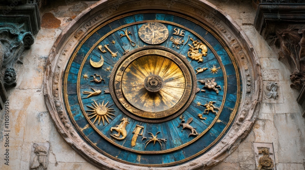 Obraz premium Ornate astronomical clock face with zodiac signs and symbols.