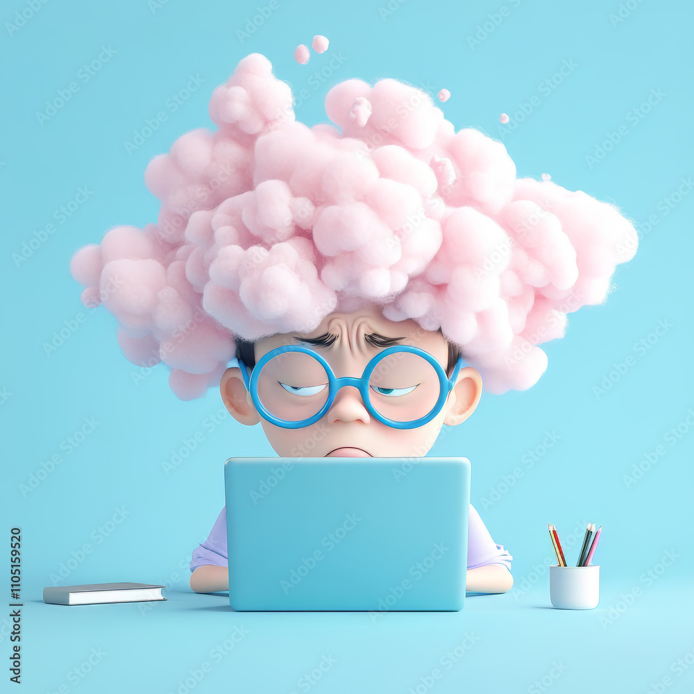 Stressed person with fluffy pink cloud head working on laptop Stressed person with fluffy pink cloud head working on laptop