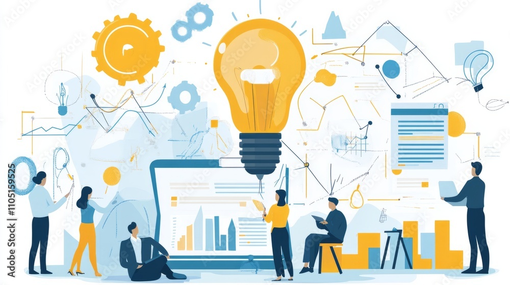 Vector art of a business plan development process, showcasing brainstorming, analysis, and execution phases Vector art of a business plan development process, showcasing brainstorming, analysis, and execution phases