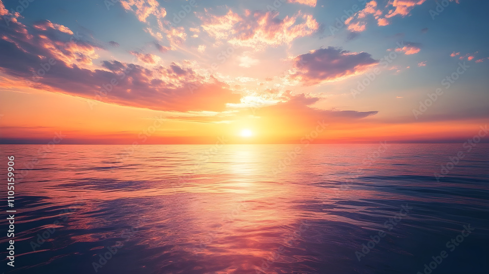 A sunrise over a calm ocean, symbolizing a fresh start A sunrise over a calm ocean, symbolizing a fresh start