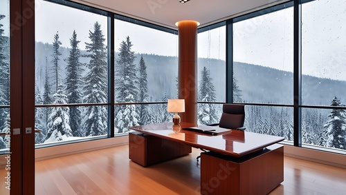 This stunning high-end office setting captures the perfect blend of luxury, minimalism, and serene nature. The office offers a breathtaking view of a snow-dusted forest landscape.