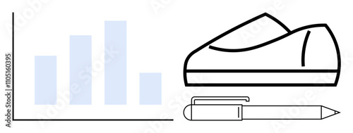 Bar chart graph next to a tape dispenser and pen. Ideal for office themes, productivity, data analysis, financial reports, education, business tools, stationary supplies. Line metaphor