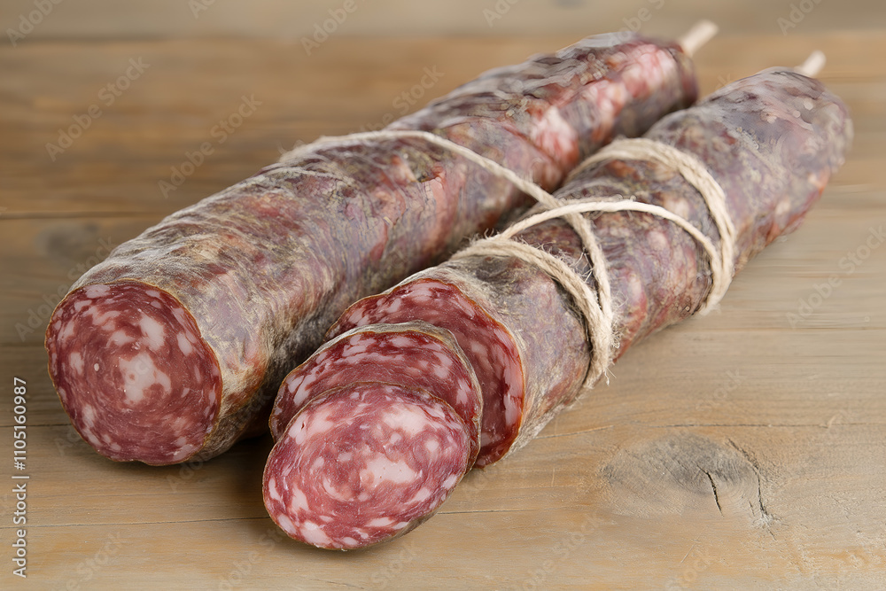 Spanish Salchichon sausage on a wooden table. Spanish Salchichon sausage on a wooden table.