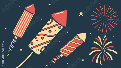 Fireworks and rockets in the night sky for celebrations, colorful simple vector