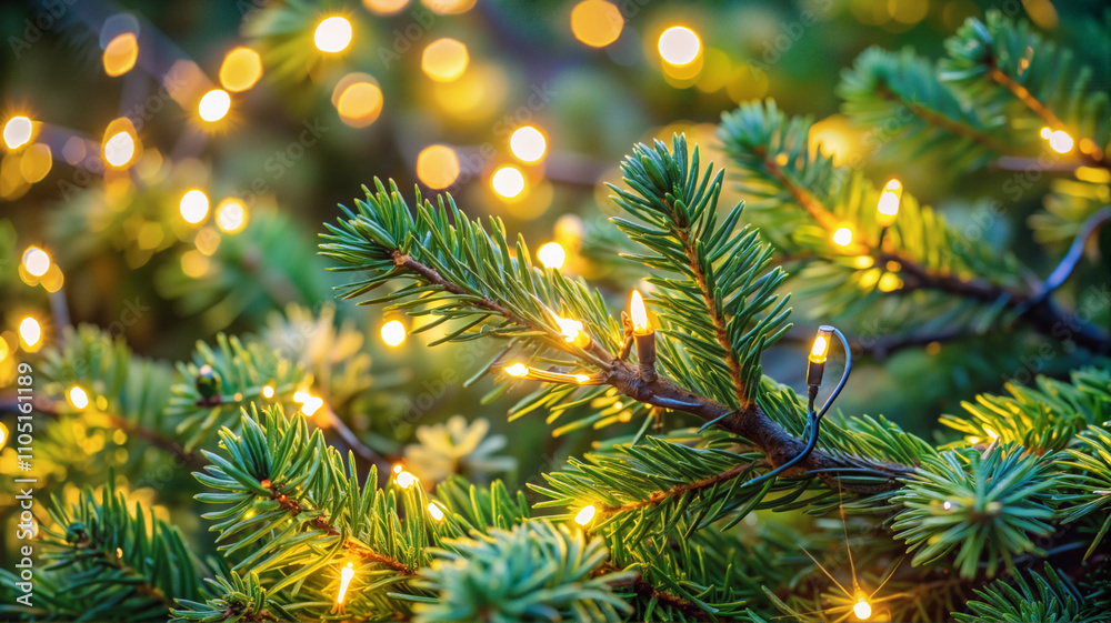 Pine needles decorated with warm string lights Pine needles decorated with warm string lights