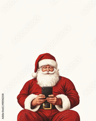 Santa Claus in red suit using smartphone, checking his list