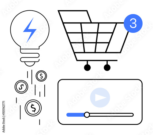 Lightbulb emitting coins, shopping cart with notification, video player interface. Ideal for online shopping, innovation, finance, e-commerce, digital marketing, technology, content creation. Line