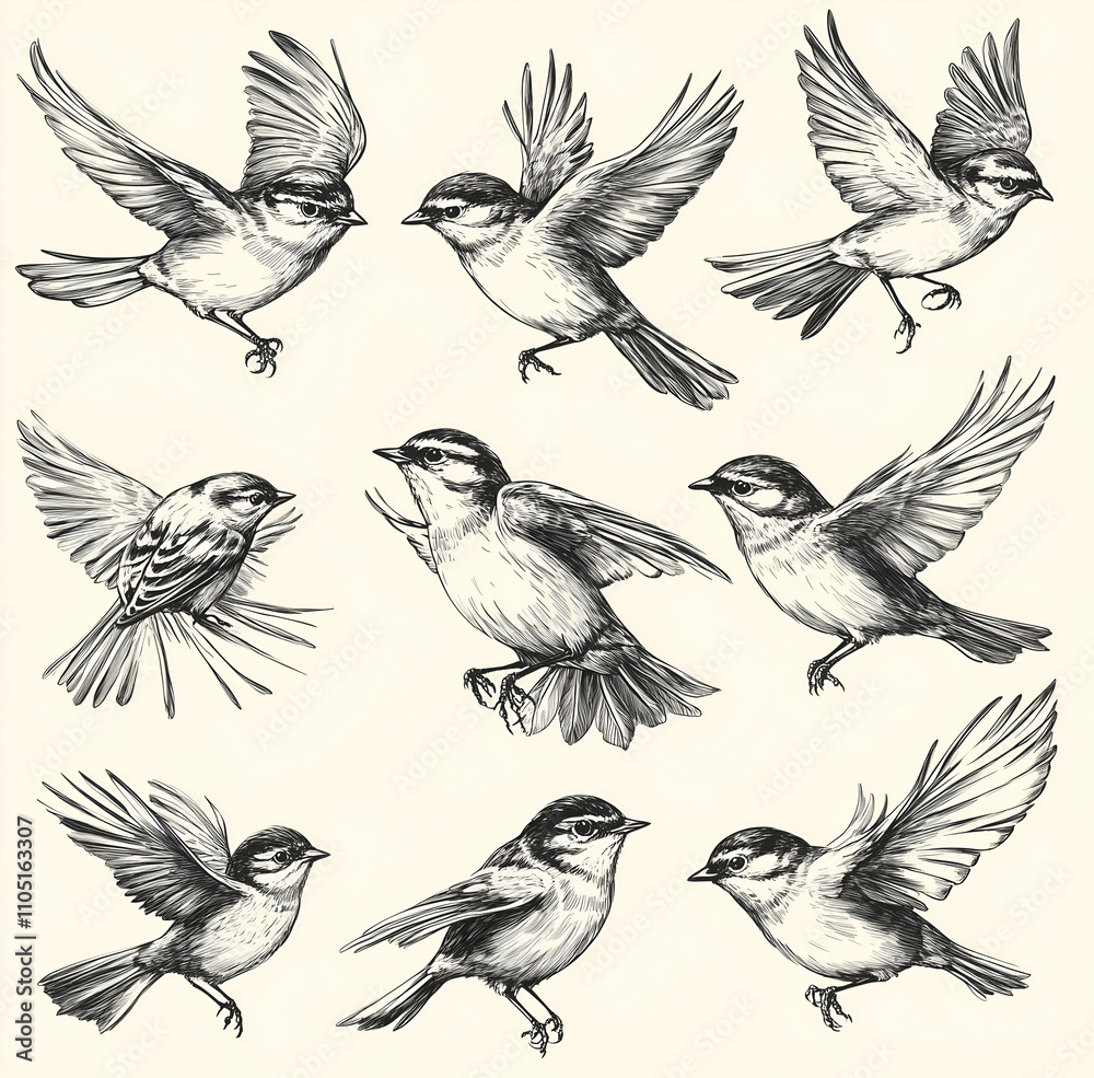 Hand-drawn sketch of birds in various poses on a white background Hand-drawn sketch of birds in various poses on a white background