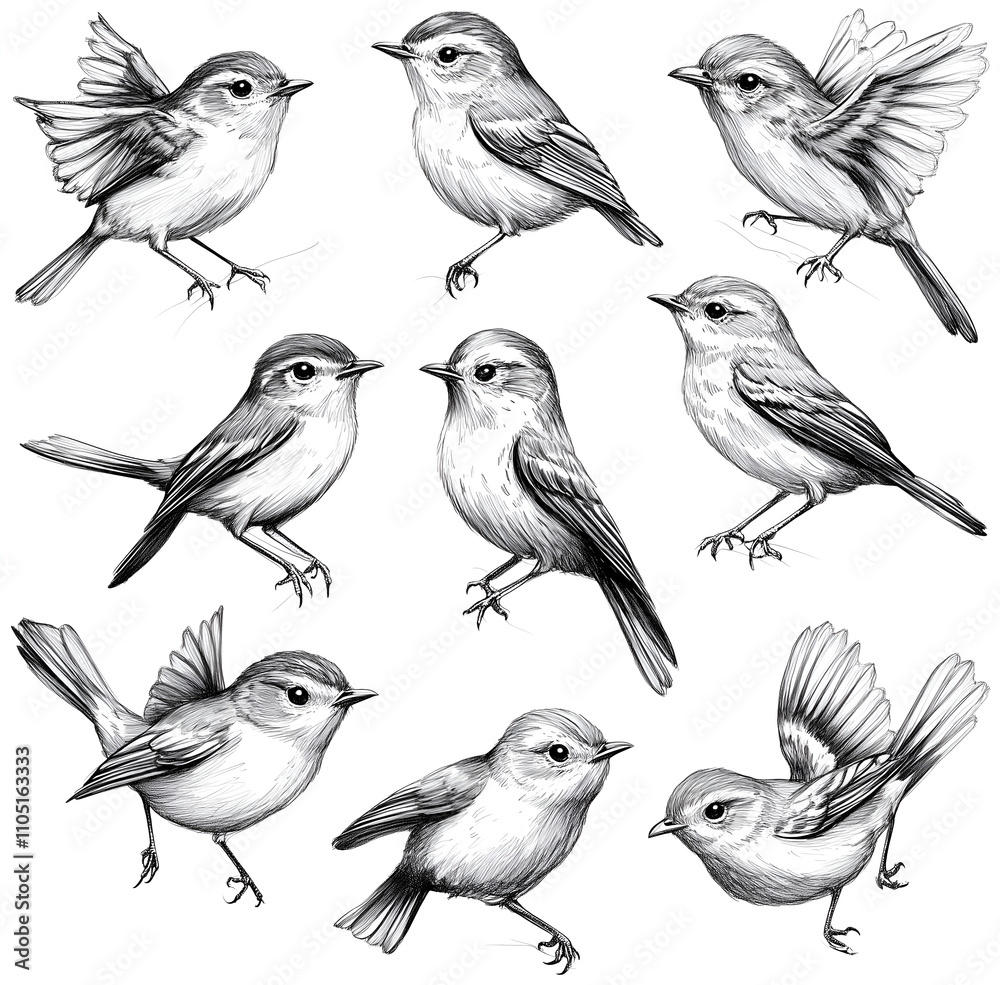 Hand-drawn sketch of birds in various poses on a white background Hand-drawn sketch of birds in various poses on a white background