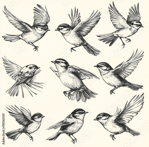 Hand-drawn sketch of birds in various poses on a white background photo