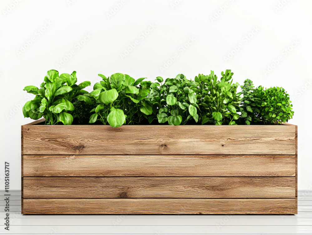 Indoor wooden planter box with fresh green herbs and plants Indoor wooden planter box with fresh green herbs and plants