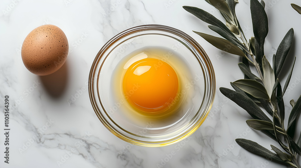 Egg yolk in a glass bowl on a white marble table with an olive branch