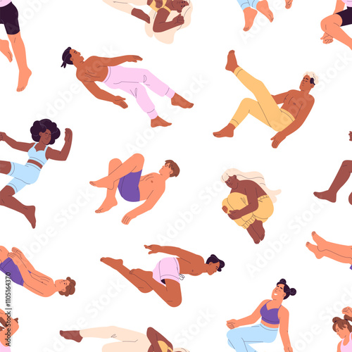 Flying, free floating people on endless background. Repeatable pattern of soaring in the air diverse characters. Men, women fly in different poses in zero gravity. Flat seamless vector illustration