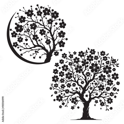 Cherry blossom tree silhouette - vector image of  cherry blossom tree -  nature tree - winter  tree - plum tree with auntum season 