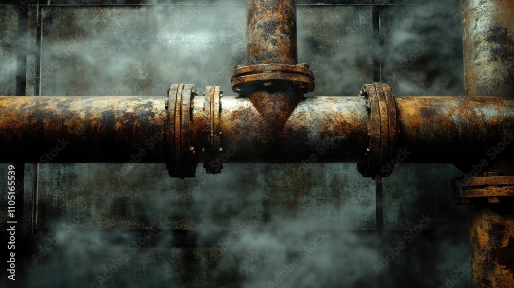 Industrial pipe text with steam and rust, factory background, gritty realism,