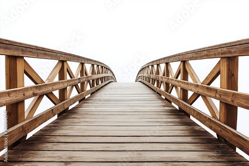 A weathered wooden bridge with broken and missing planks, creating a rough and unsafe surface, isolated on a white background with clipping path.