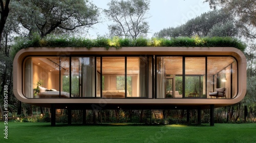 Modern eco-friendly house design forest setting architectural showcase nature integration contemporary viewpoint sustainable living concept