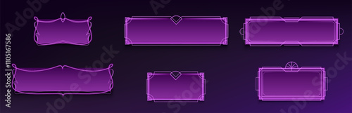 Purple classic frames set isolated on black background. Vector realistic illustration of blank rectangular borders with victorian style neon line ornament, game button, user interface design elements