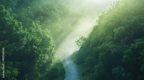 Misty morning sunlight streams through lush green forest canopy, illuminating a winding path.