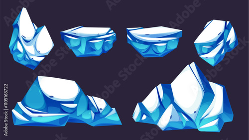 Ice rocks set isolated on black background. Vector cartoon illustration of nordic landscape design elements, iceberg and glacier pieces, arctic snowy islands for adventure game background design