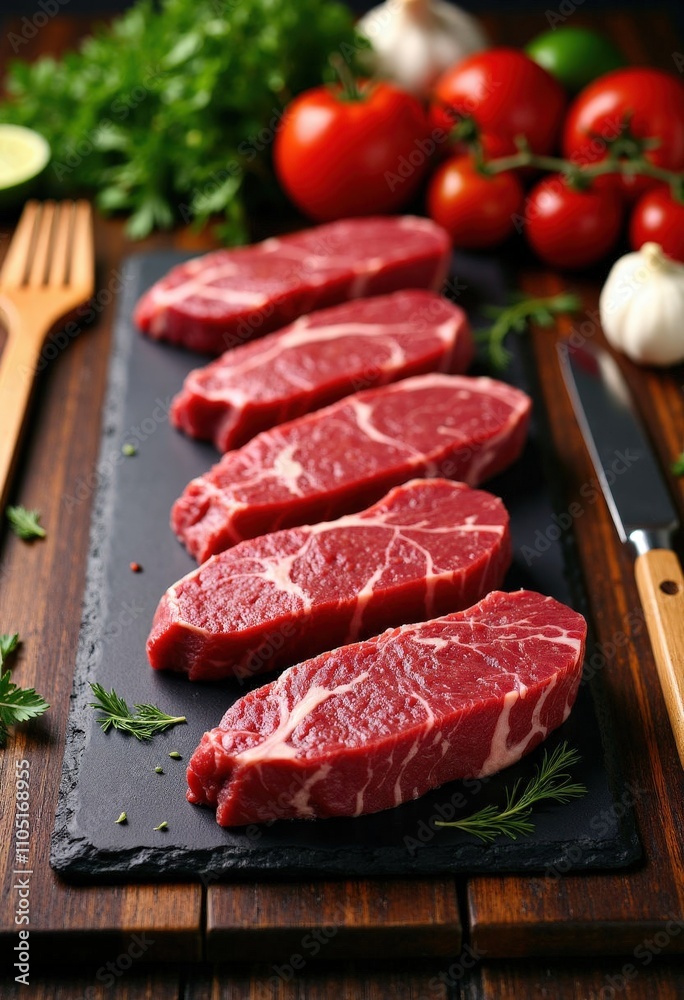 Raw Steak Cuts on Dark Stone Board. Raw Steak Cuts on Dark Stone Board.