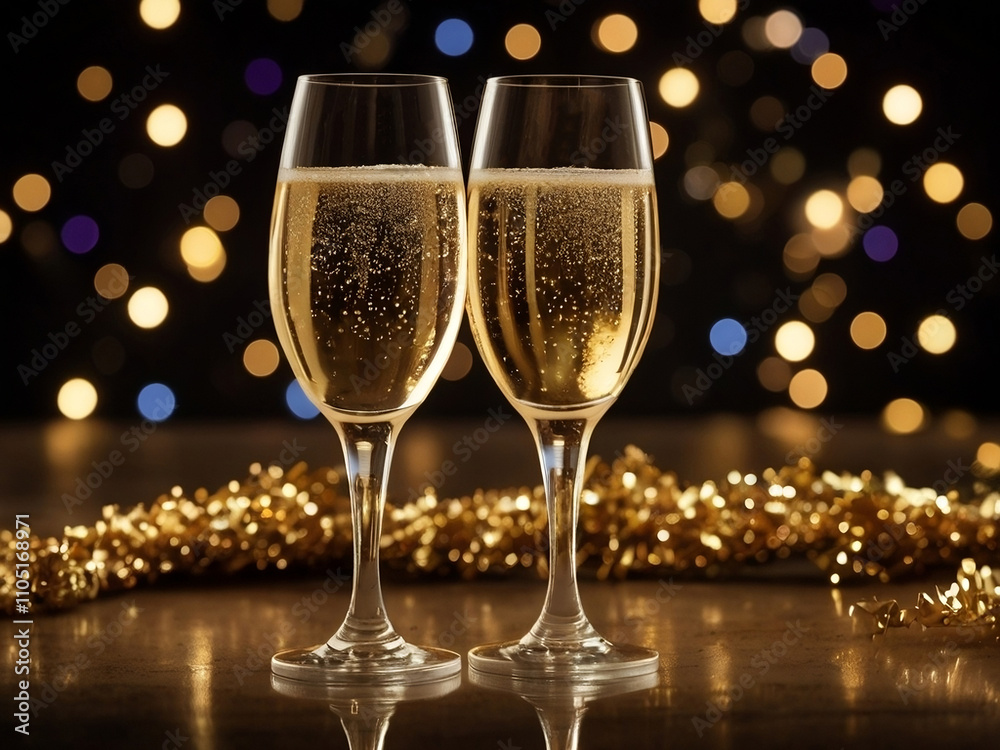 2 glasses of champagne with the boked light background in the New Year party. 2 glasses of champagne with the boked light background in the New Year party.