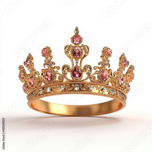 A beautifully designed gold crown adorned with pink gemstones, showcasing elegance and intricate craftsmanship. isolated on white background