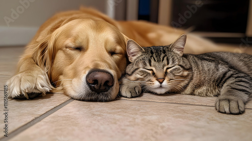 Wallpaper Mural A cat and a dog are laying on the floor together. The dog is looking at the camera and the cat is looking away Torontodigital.ca