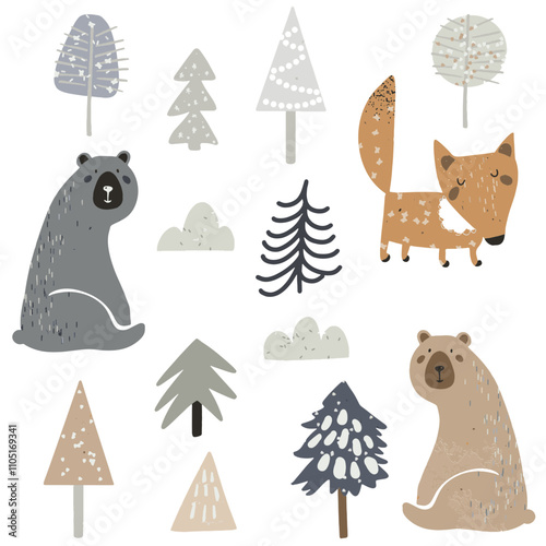 Set animals in the forest. Bear, fox. Nordic style forest for kids. Cute art for kids. Woodland creatures.