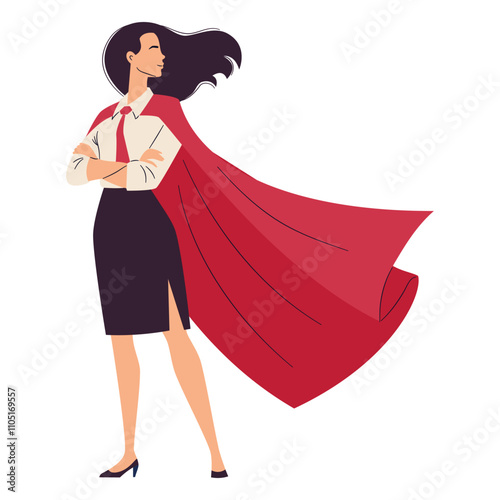 Flat vector illustration. Female office worker in superhero cape. Concept of leadership in team . Vector illustration