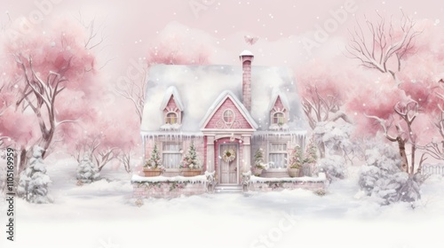 A snow-covered village with pink houses, Christmas trees, lights in the windows. watercolor style