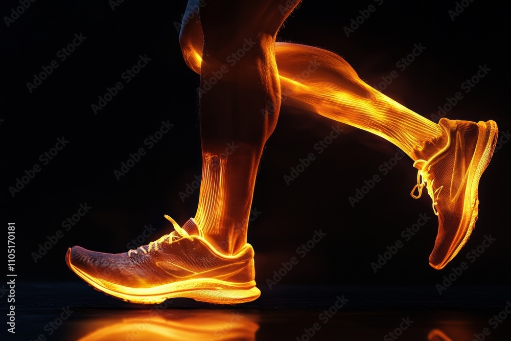 photo of a runner's foot with a blazing fire effect, isolated on a black background photo of a runner's foot with a blazing fire effect, isolated on a black background