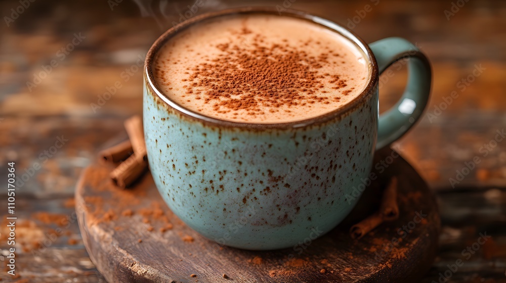 Cozy ceramic cup filled with warm frothy coffee or cocoa set on a rustic wooden background The beverage is topped with a dusting of cinnamon or chocolate creating an inviting Cozy ceramic cup filled with warm frothy coffee or cocoa set on a rustic wooden background The beverage is topped with a dusting of cinnamon or chocolate creating an inviting
