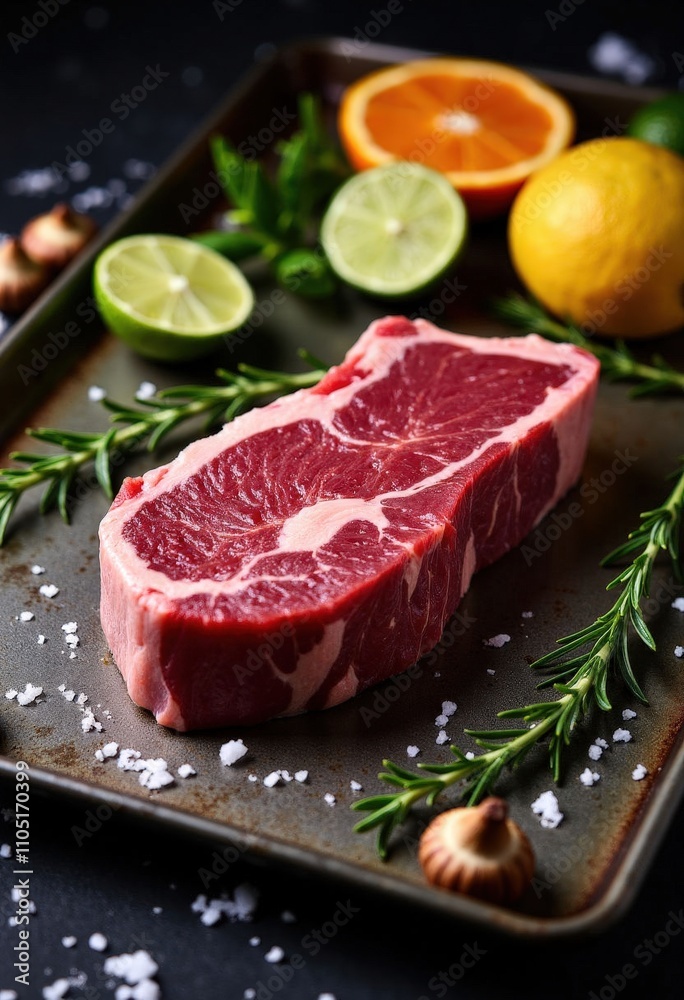 Raw Steak with Citrus and Herbs on Tray. Raw Steak with Citrus and Herbs on Tray.