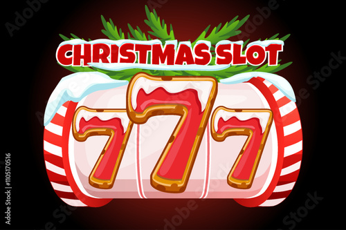 Christmas SLOT logo. Banner with candy slot machine and Gingerbread 777 symbol for your slot games