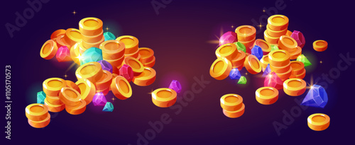 Gold coin and gem treasure pile cartoon vector. Money, crystal and diamond stack for ancient medieval pirate trophy. Shiny wealth for bank isolated interface objec design. Cash loot ui for app