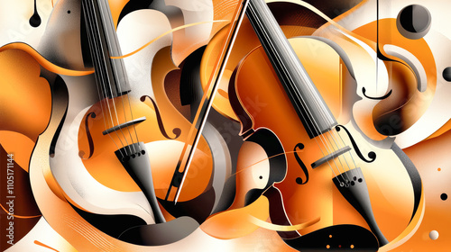 An abstract musical background featuring retro instruments such as violin and drums in warm tones of orange, brown, and black photo